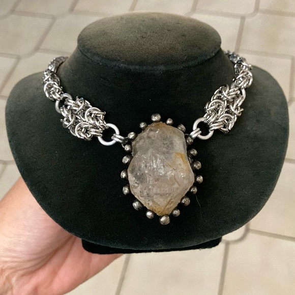 Big herkimer diamond crystal on handmade maille stainless steel chain boho goth - Picture 10 of 13